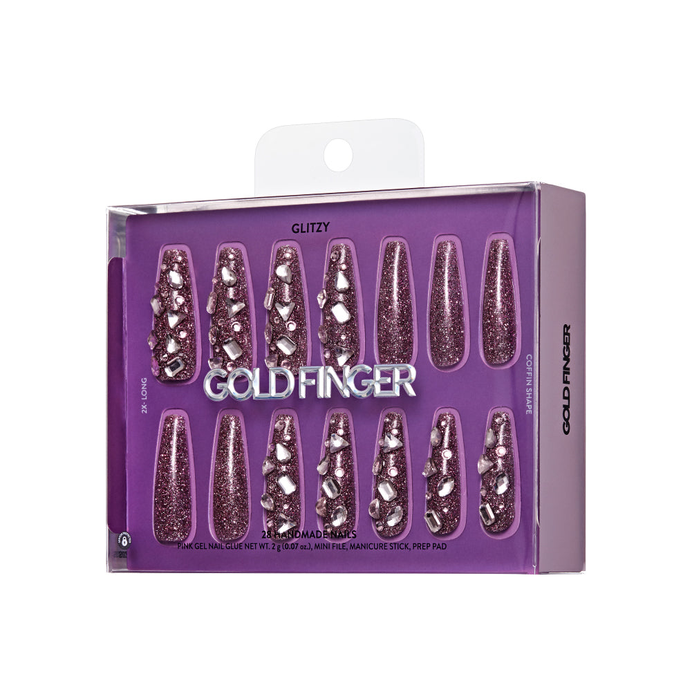 Gold Finger Glitzy 3D Press-On Nails in Diverted – 2X-Long Coffin Fake Nails, Plum Glitter & Chunky Rhinestones, Luxury Glue On Nails, 28 Pc Kit