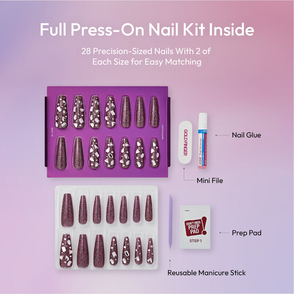 Gold Finger Glitzy 3D Press-On Nails in Diverted – 2X-Long Coffin Fake Nails, Plum Glitter & Chunky Rhinestones, Luxury Glue On Nails, 28 Pc Kit