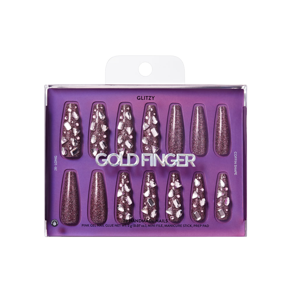 Gold Finger Glitzy 3D Press-On Nails in Diverted – 2X-Long Coffin Fake Nails, Plum Glitter & Chunky Rhinestones, Luxury Glue On Nails, 28 Pc Kit