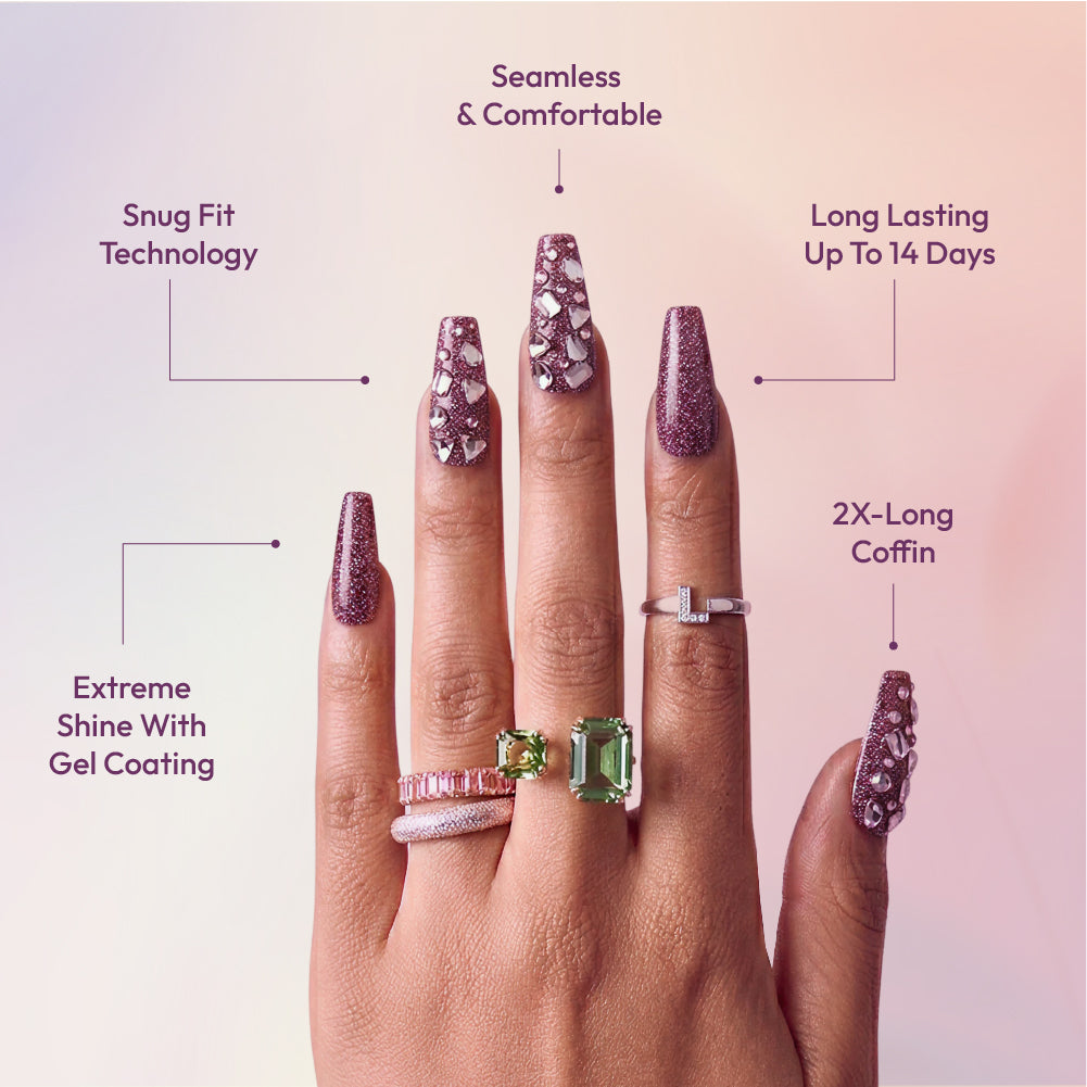 Gold Finger Glitzy 3D Press-On Nails in Diverted – 2X-Long Coffin Fake Nails, Plum Glitter & Chunky Rhinestones, Luxury Glue On Nails, 28 Pc Kit