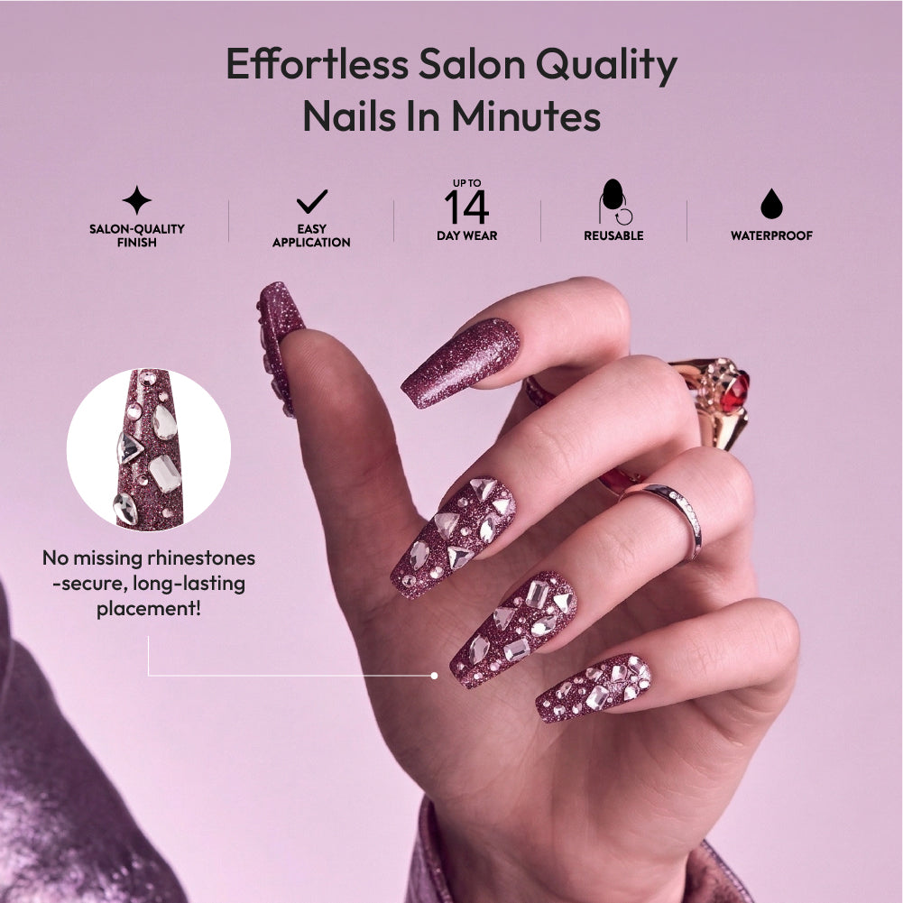 Gold Finger Glitzy 3D Press-On Nails in Diverted – 2X-Long Coffin Fake Nails, Plum Glitter & Chunky Rhinestones, Luxury Glue On Nails, 28 Pc Kit