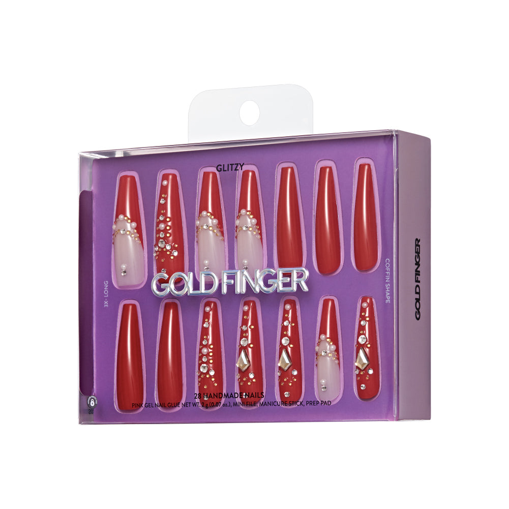 Gold Finger Glitzy 3D Press-On Nails in Dreamy – 3X-Long Coffin Fake Nails, Classic Red with Rhinestones & Gold Studs, Luxury Glue On Nails, 28 Pc Kit