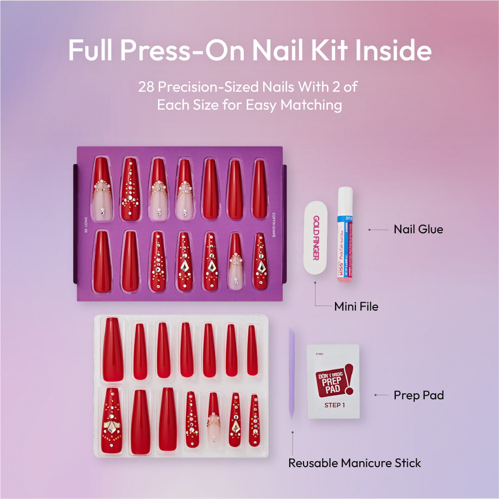 Gold Finger Glitzy 3D Press-On Nails in Dreamy – 3X-Long Coffin Fake Nails, Classic Red with Rhinestones & Gold Studs, Luxury Glue On Nails, 28 Pc Kit