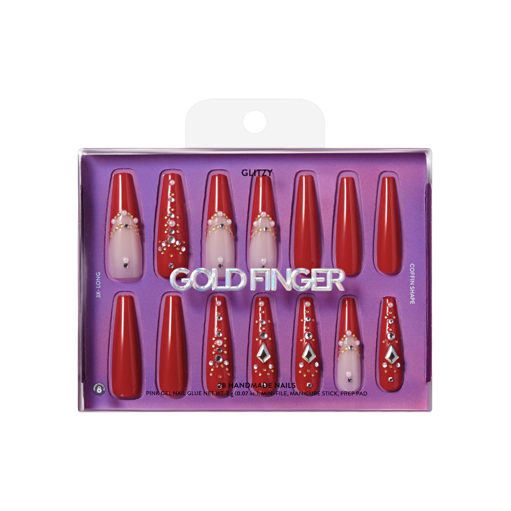 Gold Finger Glitzy 3D Press-On Nails in Dreamy – 3X-Long Coffin Fake Nails, Classic Red with Rhinestones & Gold Studs, Luxury Glue On Nails, 28 Pc Kit