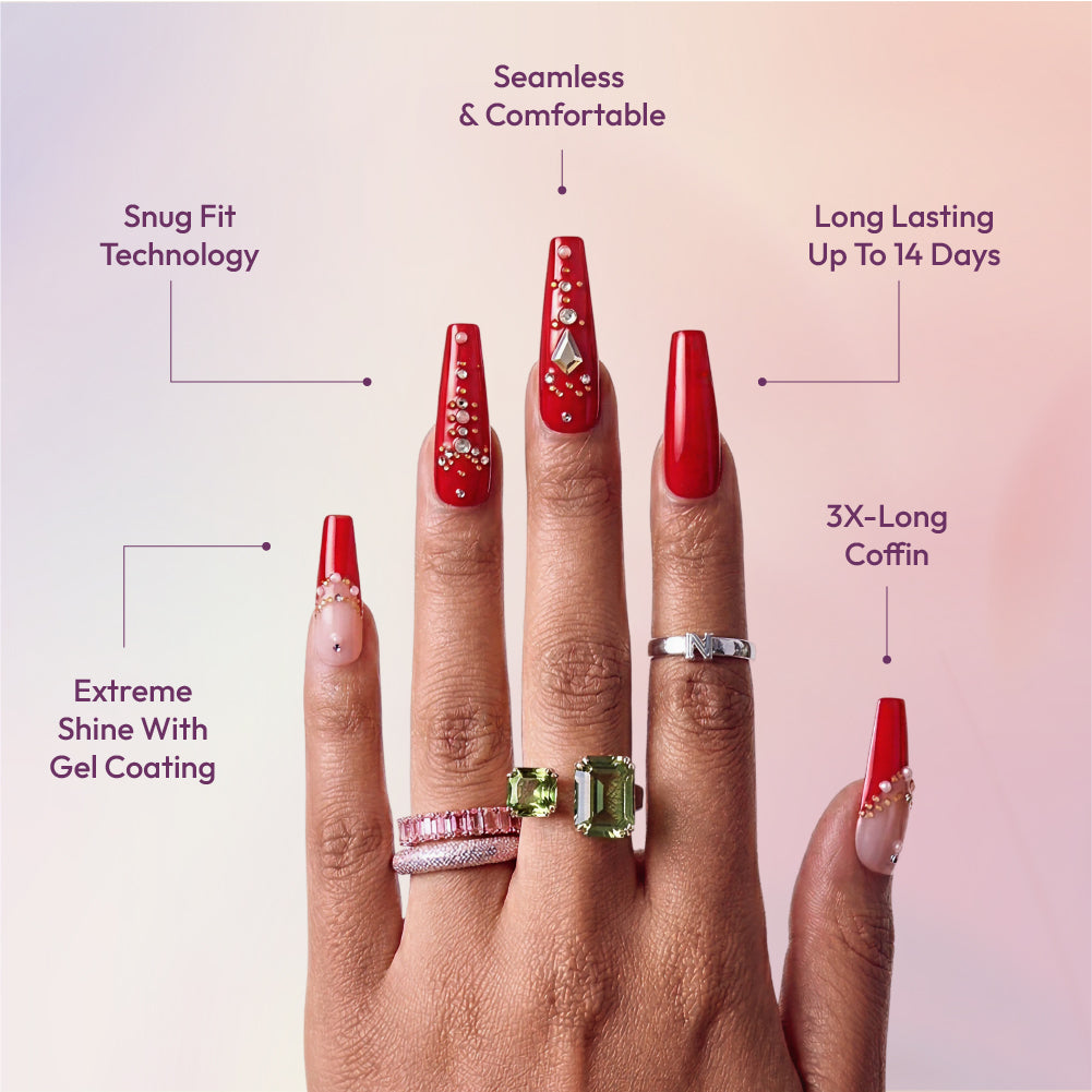Gold Finger Glitzy 3D Press-On Nails in Dreamy – 3X-Long Coffin Fake Nails, Classic Red with Rhinestones & Gold Studs, Luxury Glue On Nails, 28 Pc Kit