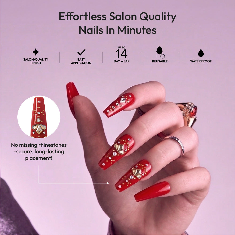 Gold Finger Glitzy 3D Press-On Nails in Dreamy – 3X-Long Coffin Fake Nails, Classic Red with Rhinestones & Gold Studs, Luxury Glue On Nails, 28 Pc Kit