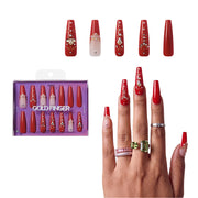 Gold Finger Glitzy 3D Press-On Nails in Dreamy – 3X-Long Coffin Fake Nails, Classic Red with Rhinestones & Gold Studs, Luxury Glue On Nails, 28 Pc Kit