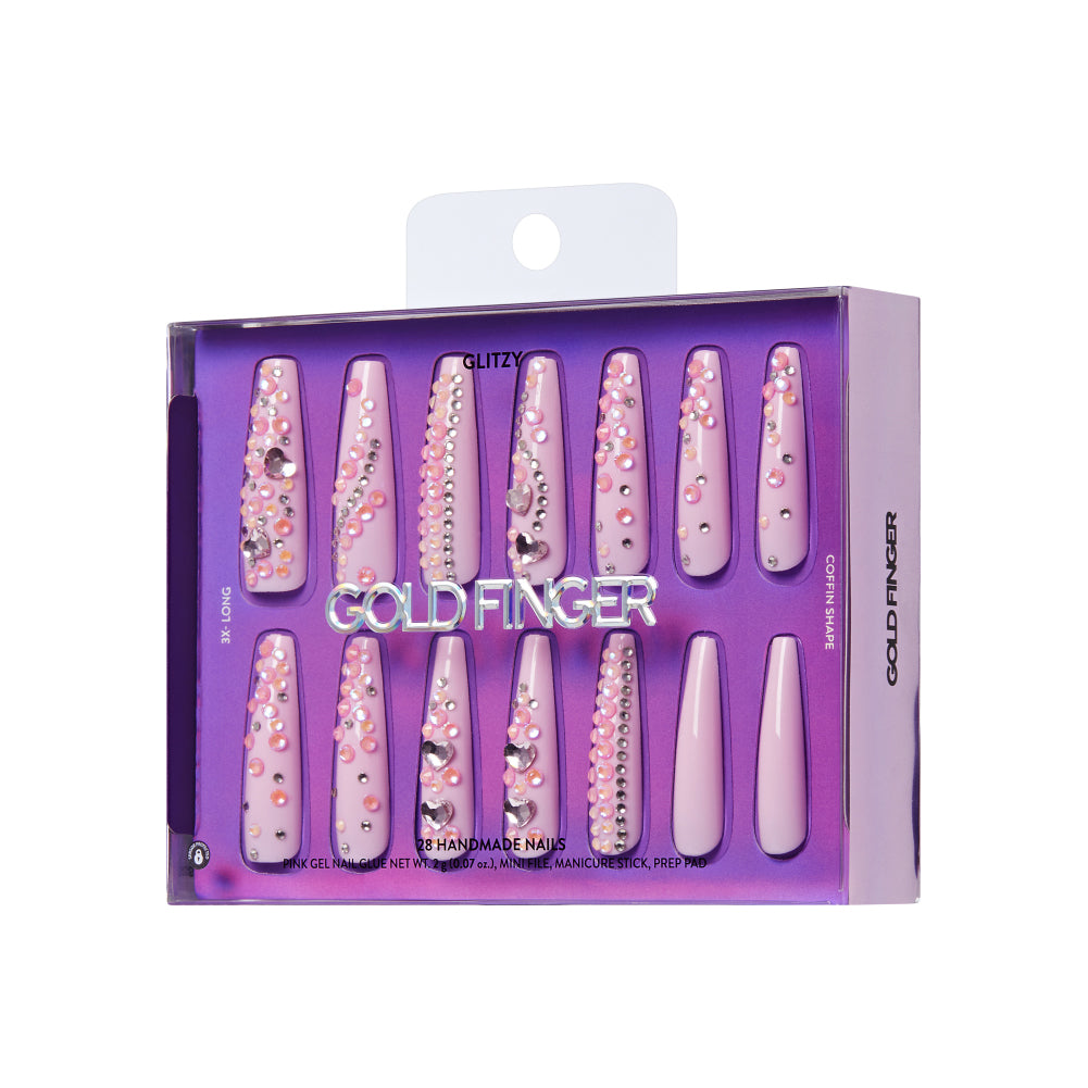 Gold Finger Glitzy 3D Press-On Nails in Yummy – 3X-Long Coffin Fake Nails, Baby Pink with Heart Rhinestones, Luxury Glue On Nails, 28 Pc Kit