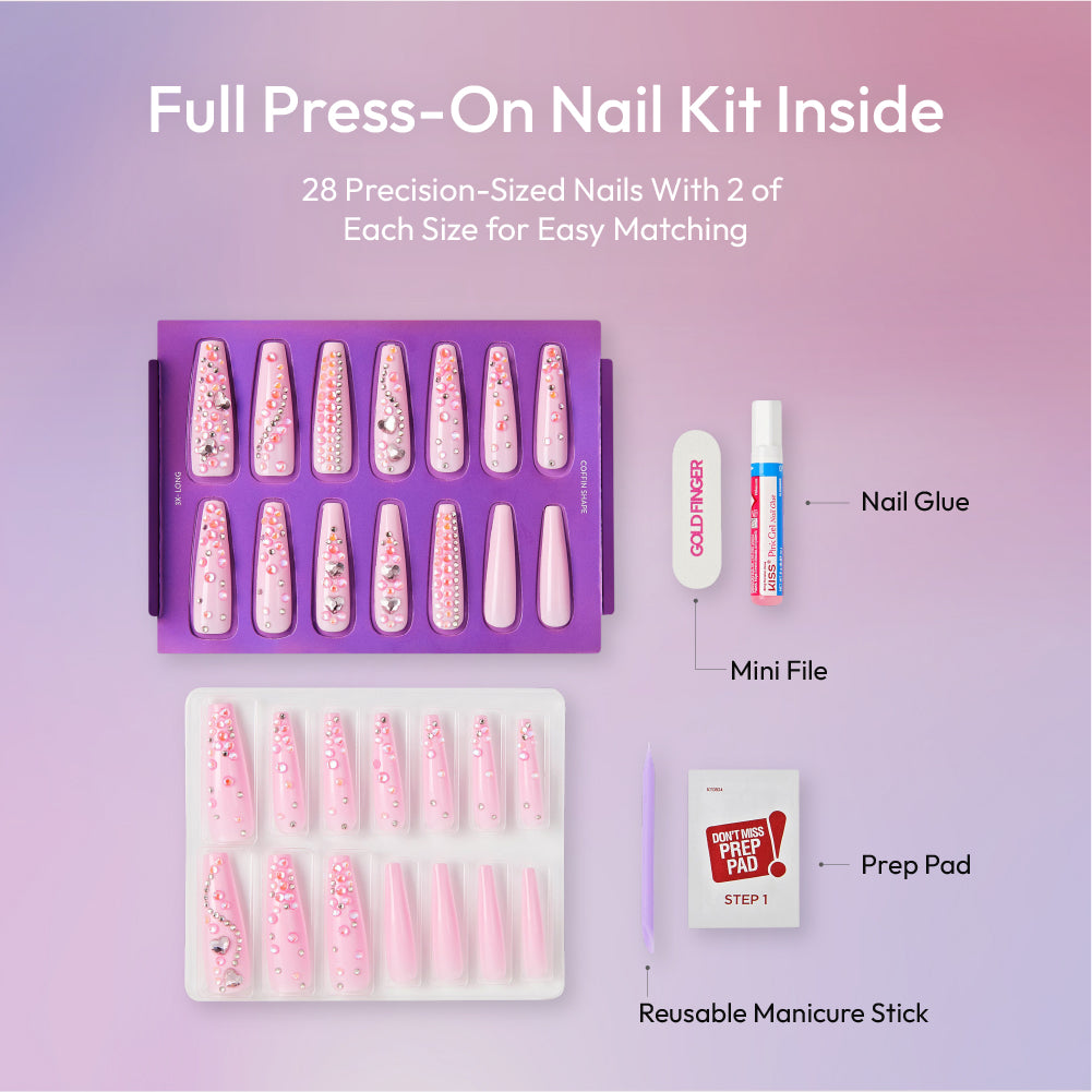 Gold Finger Glitzy 3D Press-On Nails in Yummy – 3X-Long Coffin Fake Nails, Baby Pink with Heart Rhinestones, Luxury Glue On Nails, 28 Pc Kit