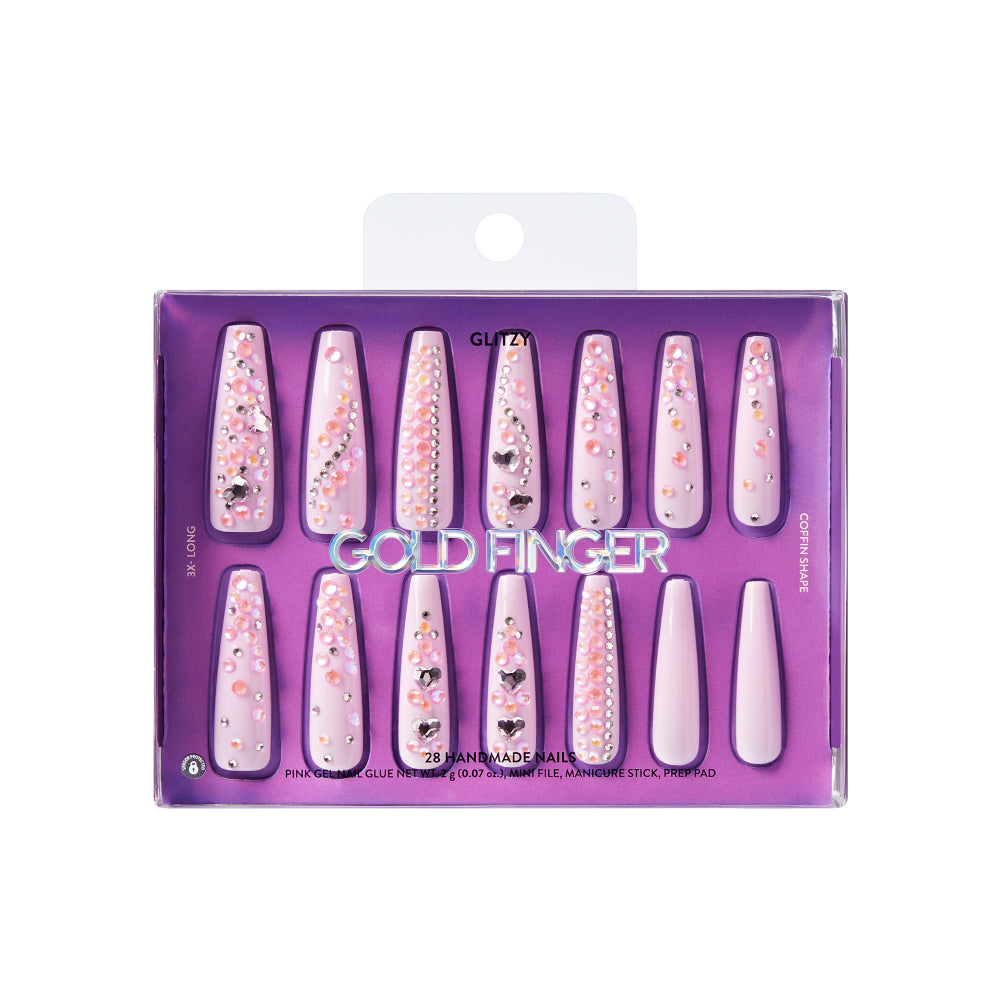 Gold Finger Glitzy 3D Press-On Nails in Yummy – 3X-Long Coffin Fake Nails, Baby Pink with Heart Rhinestones, Luxury Glue On Nails, 28 Pc Kit