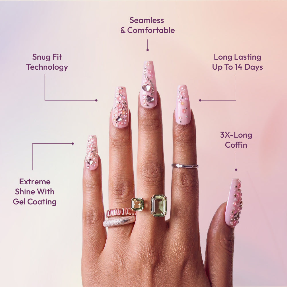 Gold Finger Glitzy 3D Press-On Nails in Yummy – 3X-Long Coffin Fake Nails, Baby Pink with Heart Rhinestones, Luxury Glue On Nails, 28 Pc Kit
