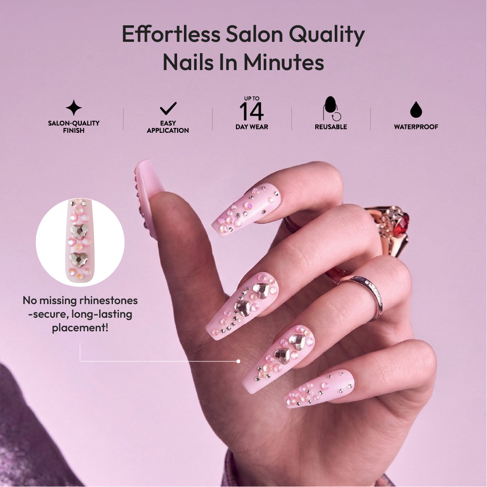 Gold Finger Glitzy 3D Press-On Nails in Yummy – 3X-Long Coffin Fake Nails, Baby Pink with Heart Rhinestones, Luxury Glue On Nails, 28 Pc Kit