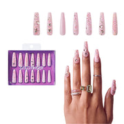 Gold Finger Glitzy 3D Press-On Nails in Yummy – 3X-Long Coffin Fake Nails, Baby Pink with Heart Rhinestones, Luxury Glue On Nails, 28 Pc Kit