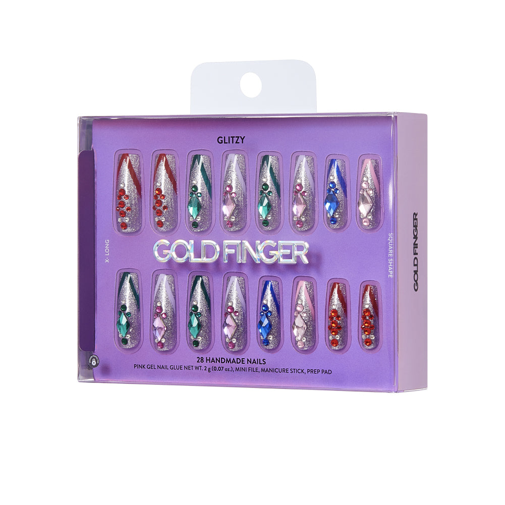 Gold Finger Glitzy 3D Press-On Nails in Precious – X-Long Square Fake Nails, Silver Glitter with Multi-Colored Jewels, Luxury Glue On Nails, 28 Pc Kit product view.
