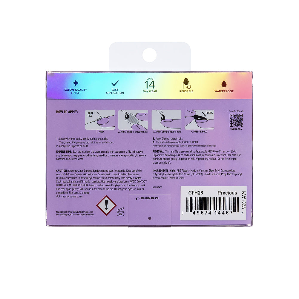 Gold Finger Glitzy 3D Press-On Nails in Precious – X-Long Square Fake Nails, Silver Glitter with Multi-Colored Jewels, Luxury Glue On Nails, 28 Pc Kit, package back.