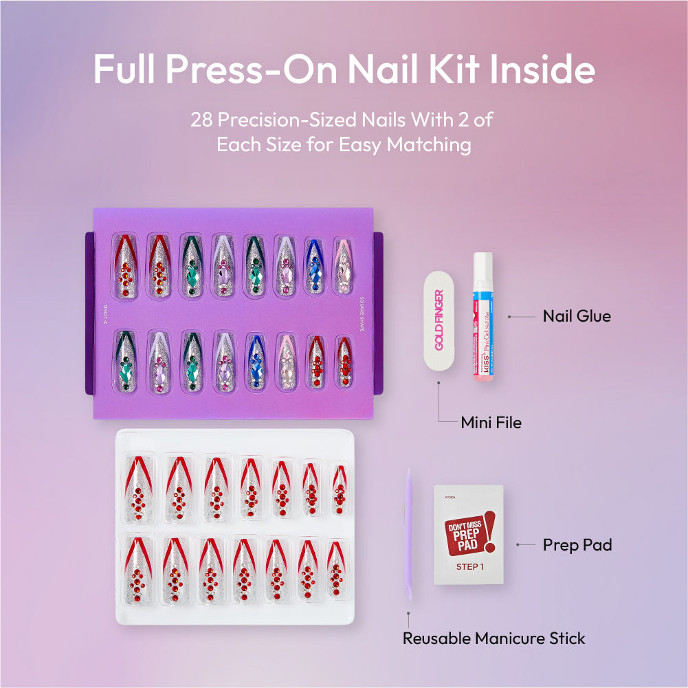 Gold Finger Glitzy 3D Press-On Nails in Precious – X-Long Square Fake Nails, Silver Glitter with Multi-Colored Jewels, Luxury Glue On Nails, 28 Pc Kit product view.