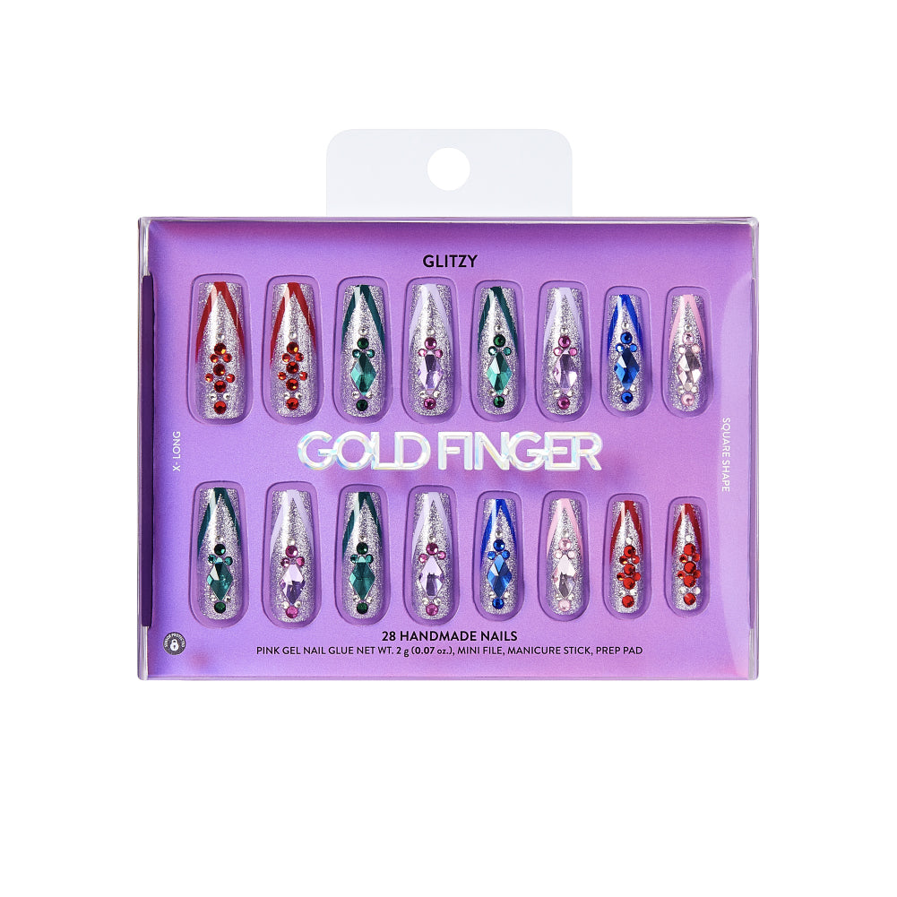 Gold Finger Glitzy 3D Press-On Nails in Precious – X-Long Square Fake Nails, Silver Glitter with Multi-Colored Jewels, Luxury Glue On Nails, 28 Pc Kit, package front.