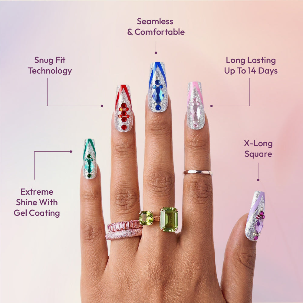 Gold Finger Glitzy 3D Press-On Nails in Precious – X-Long Square Fake Nails, Silver Glitter with Multi-Colored Jewels, Luxury Glue On Nails, 28 Pc Kit
