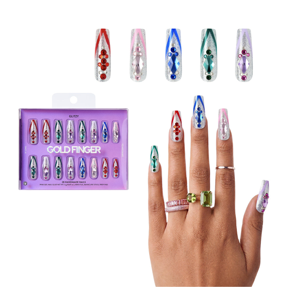 Gold Finger Glitzy 3D Press-On Nails in Precious – X-Long Square Fake Nails, Silver Glitter with Multi-Colored Jewels, Luxury Glue On Nails, 28 Pc Kit