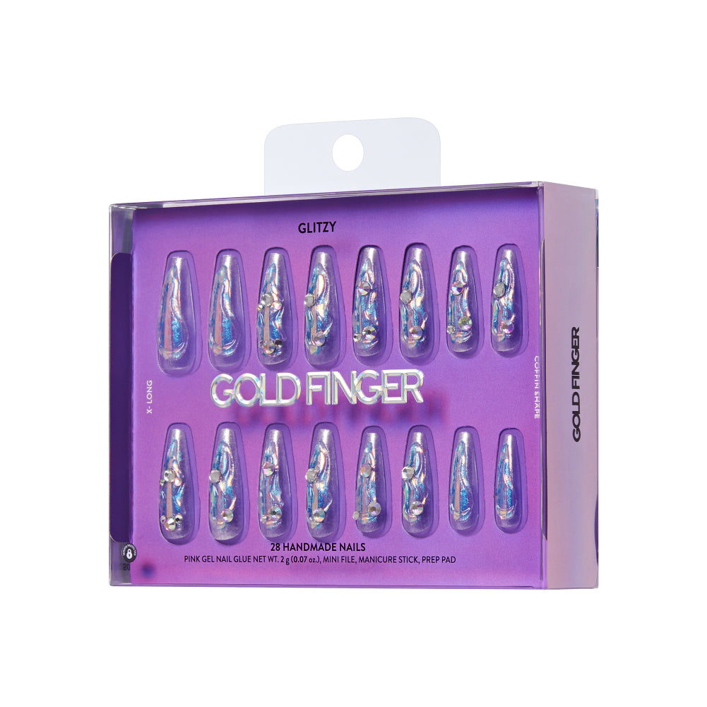 Gold Finger Glitzy 3D Press-On Nails in Dear – X-Long Coffin Fake Nails, Iridescent Pearl with 3D Chrome Swirls & Rhinestones, Luxury Glue On Nails, 28 Pc Kit