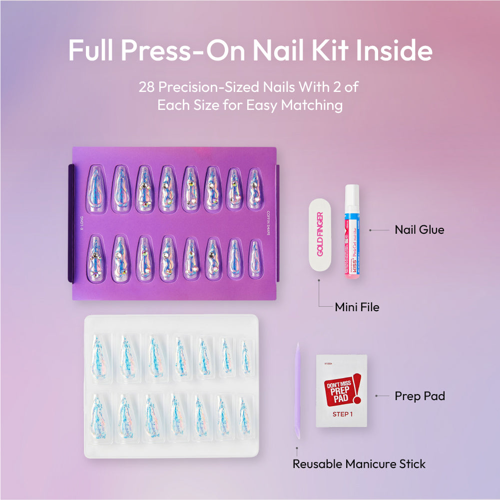 Gold Finger Glitzy 3D Press-On Nails in Dear – X-Long Coffin Fake Nails, Iridescent Pearl with 3D Chrome Swirls & Rhinestones, Luxury Glue On Nails, 28 Pc Kit