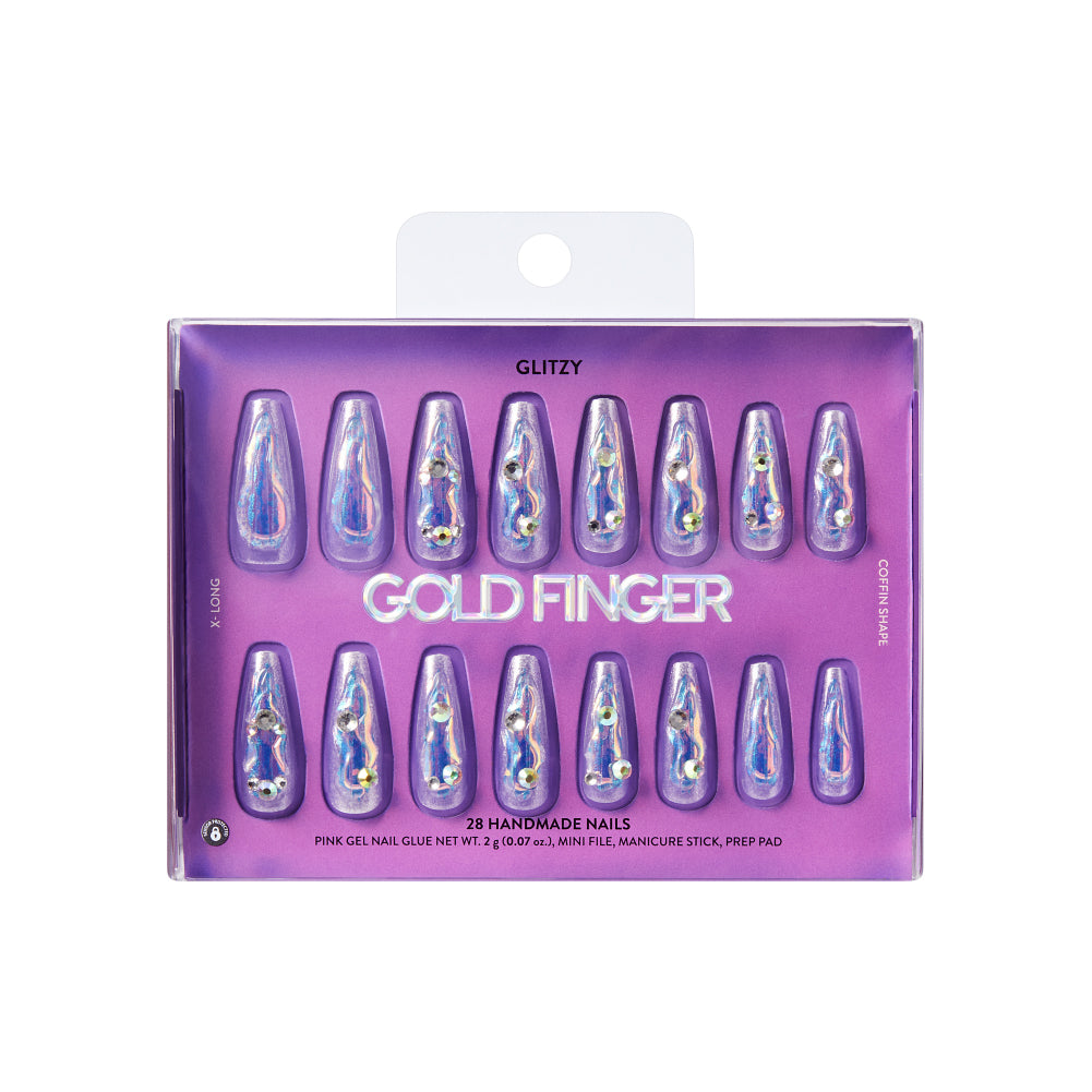 Gold Finger Glitzy 3D Press-On Nails in Dear – X-Long Coffin Fake Nails, Iridescent Pearl with 3D Chrome Swirls & Rhinestones, Luxury Glue On Nails, 28 Pc Kit
