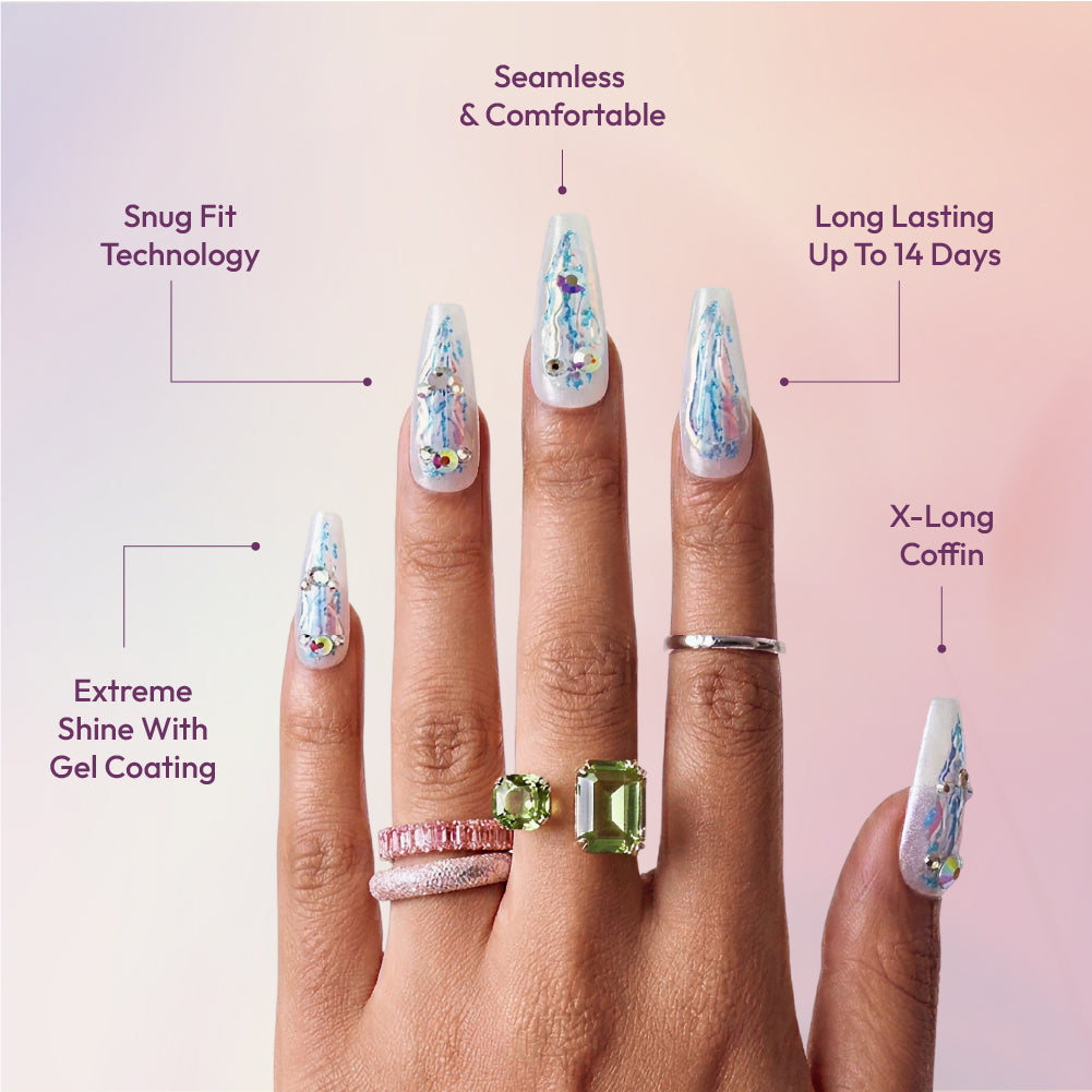 Gold Finger Glitzy 3D Press-On Nails in Dear – X-Long Coffin Fake Nails, Iridescent Pearl with 3D Chrome Swirls & Rhinestones, Luxury Glue On Nails, 28 Pc Kit
