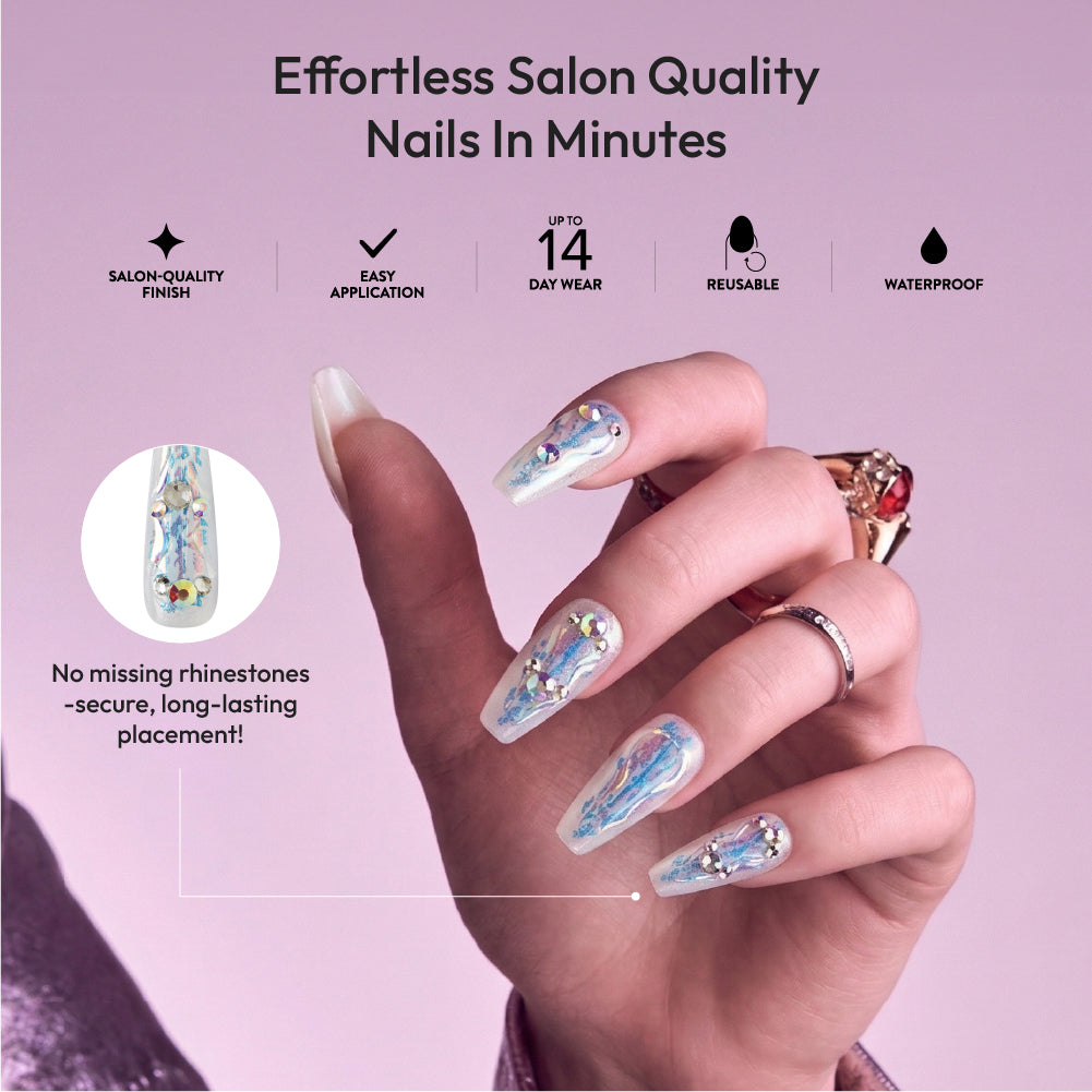 Gold Finger Glitzy 3D Press-On Nails in Dear – X-Long Coffin Fake Nails, Iridescent Pearl with 3D Chrome Swirls & Rhinestones, Luxury Glue On Nails, 28 Pc Kit