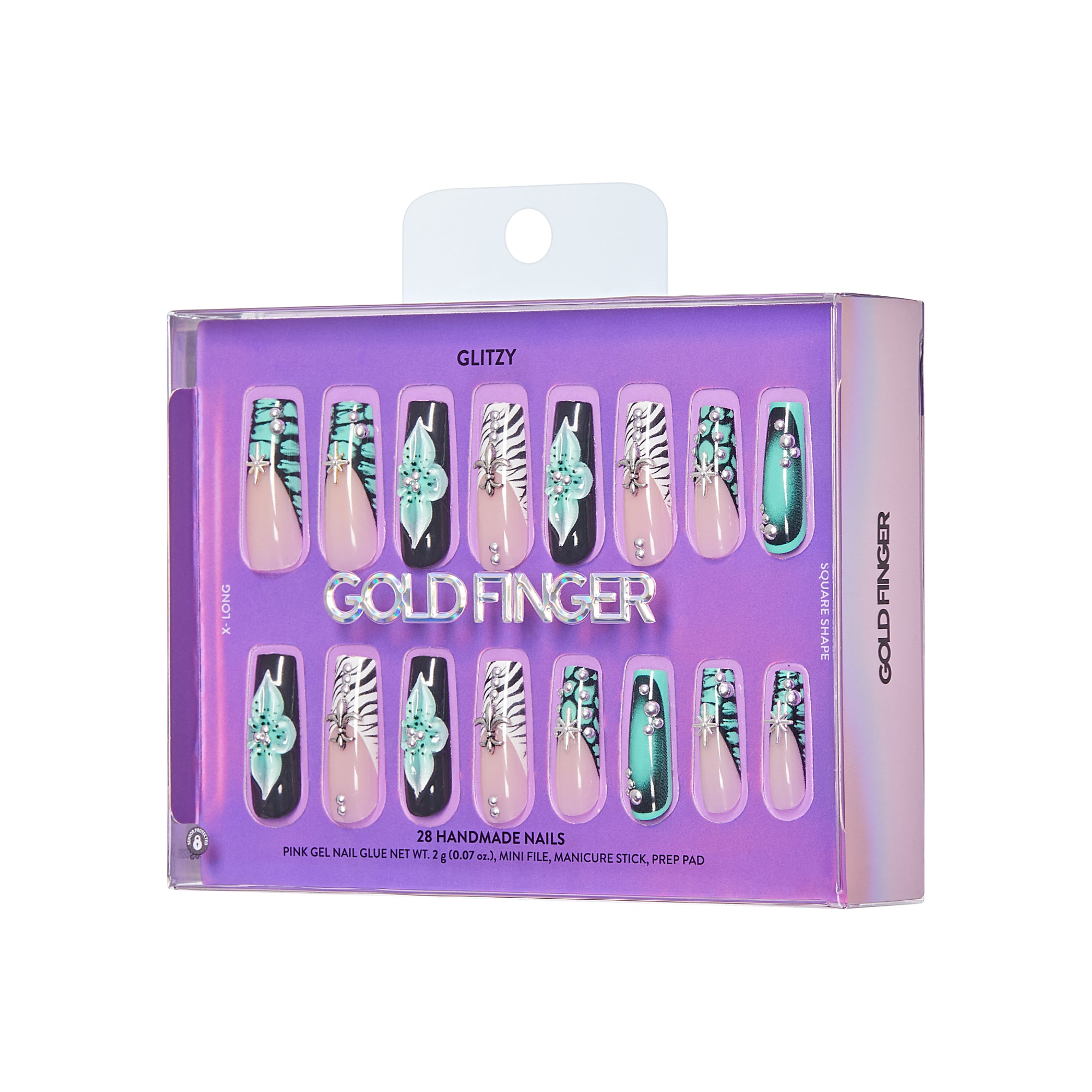 Glitzy 3D Handmade Press-On Nails - Teal Flower & Zebra French X-Long Square