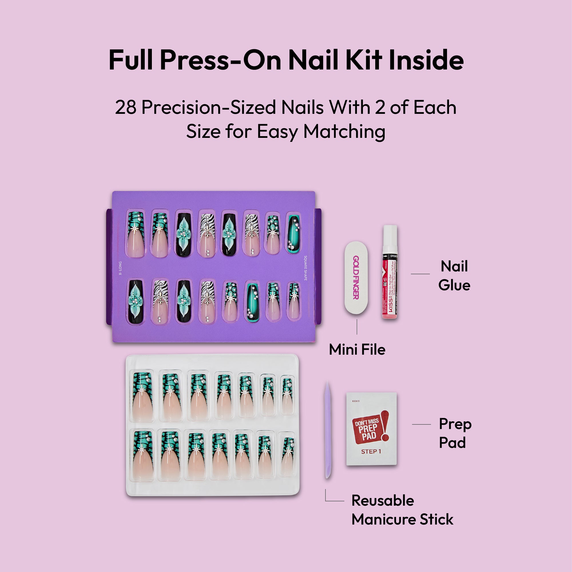 Glitzy 3D Handmade Press-On Nails - Teal Flower & Zebra French X-Long Square