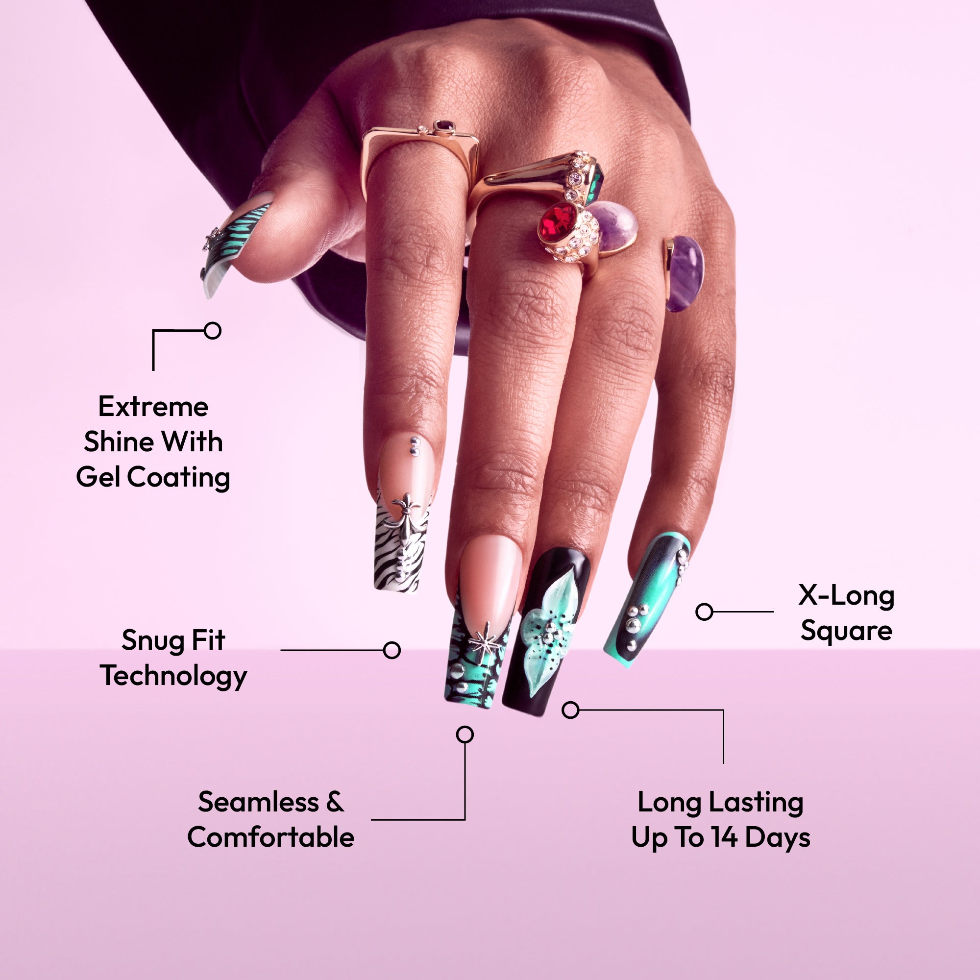 Glitzy 3D Handmade Press-On Nails - Teal Flower & Zebra French X-Long Square