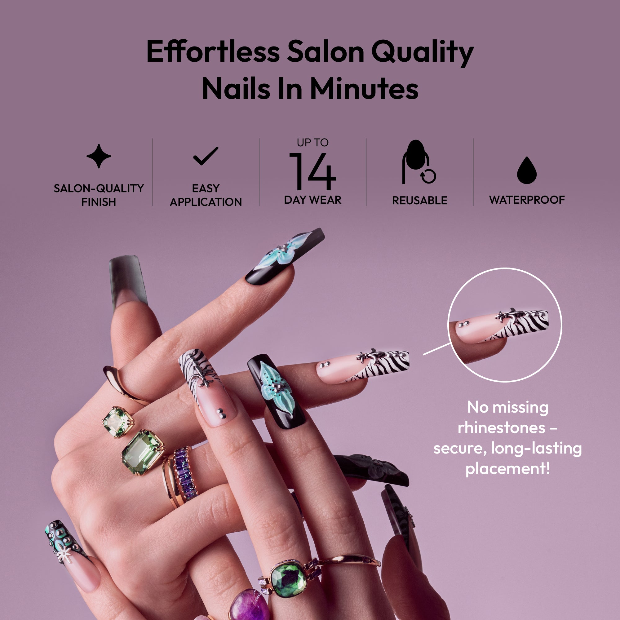 Glitzy 3D Handmade Press-On Nails - Teal Flower & Zebra French X-Long Square