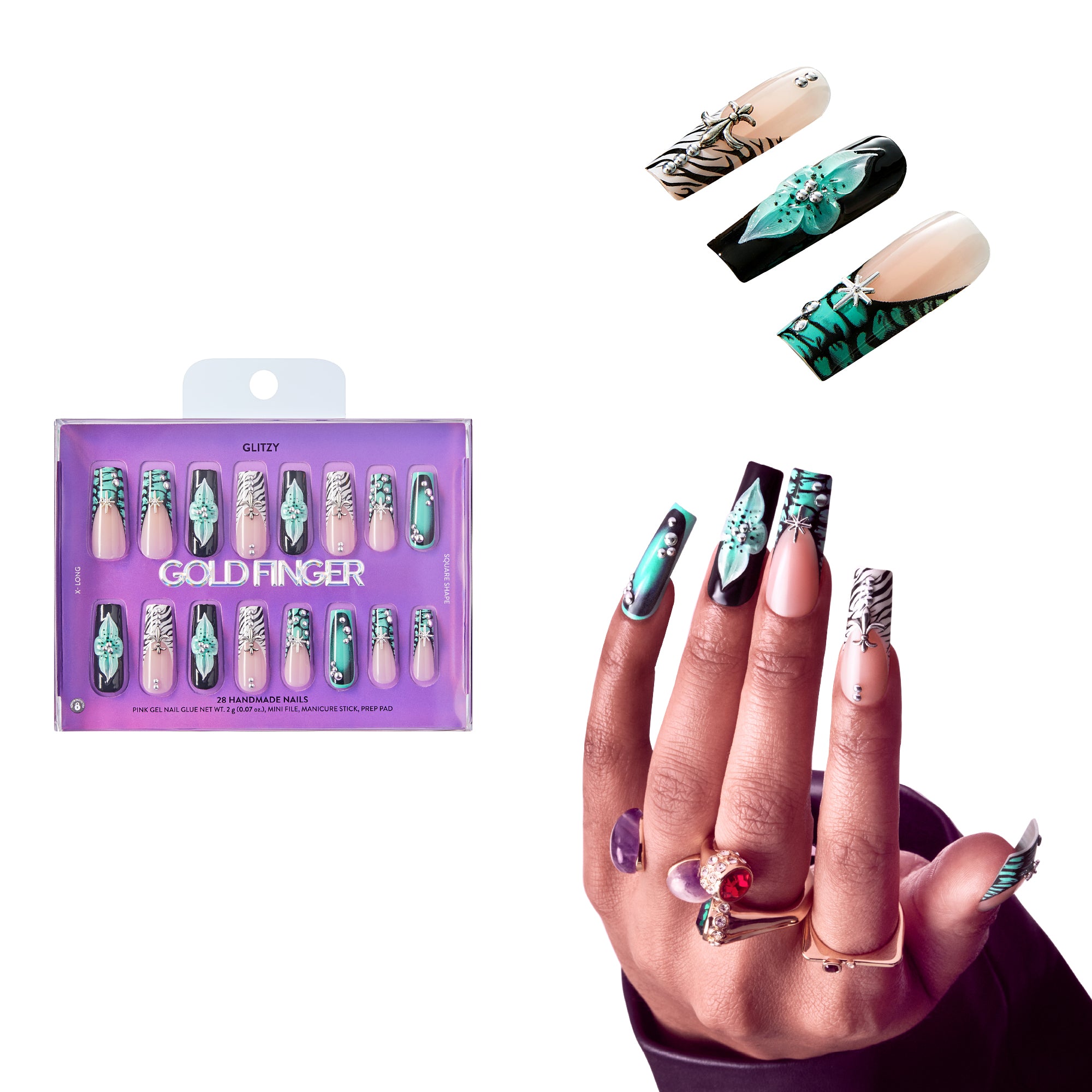 Glitzy 3D Handmade Press-On Nails - Teal Flower & Zebra French X-Long Square