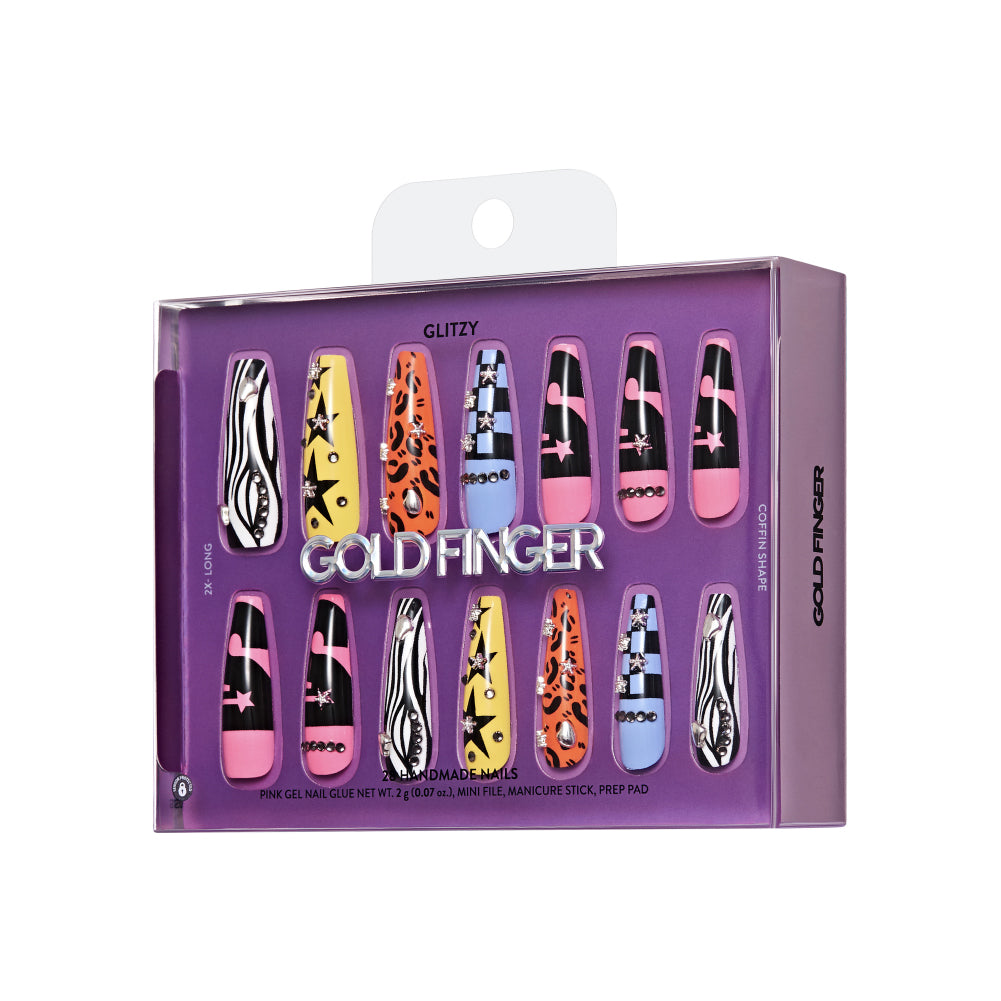 Gold Finger Glitzy 3D Press-On Nails in The Season – X-Long Coffin Fake Nails, Mix & Match Y2K Prints with Star Rhinestones, Luxury Glue On Nails, 28 Pc Kit