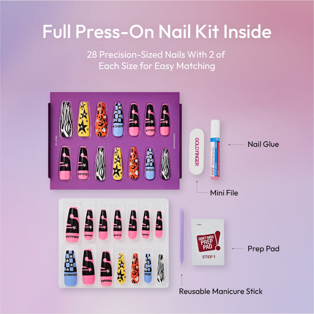 Gold Finger Glitzy 3D Press-On Nails in The Season – X-Long Coffin Fake Nails, Mix & Match Y2K Prints with Star Rhinestones, Luxury Glue On Nails, 28 Pc Kit