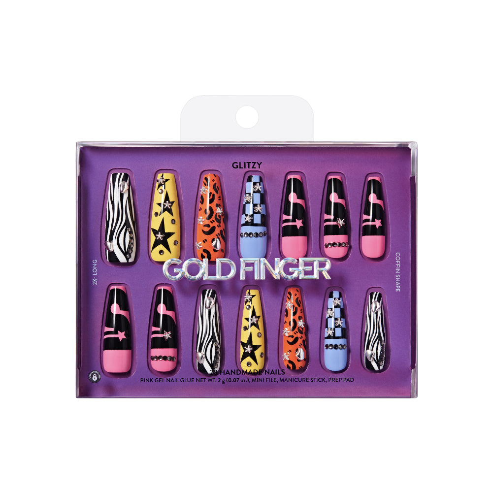 Gold Finger Glitzy 3D Press-On Nails in The Season – X-Long Coffin Fake Nails, Mix & Match Y2K Prints with Star Rhinestones, Luxury Glue On Nails, 28 Pc Kit