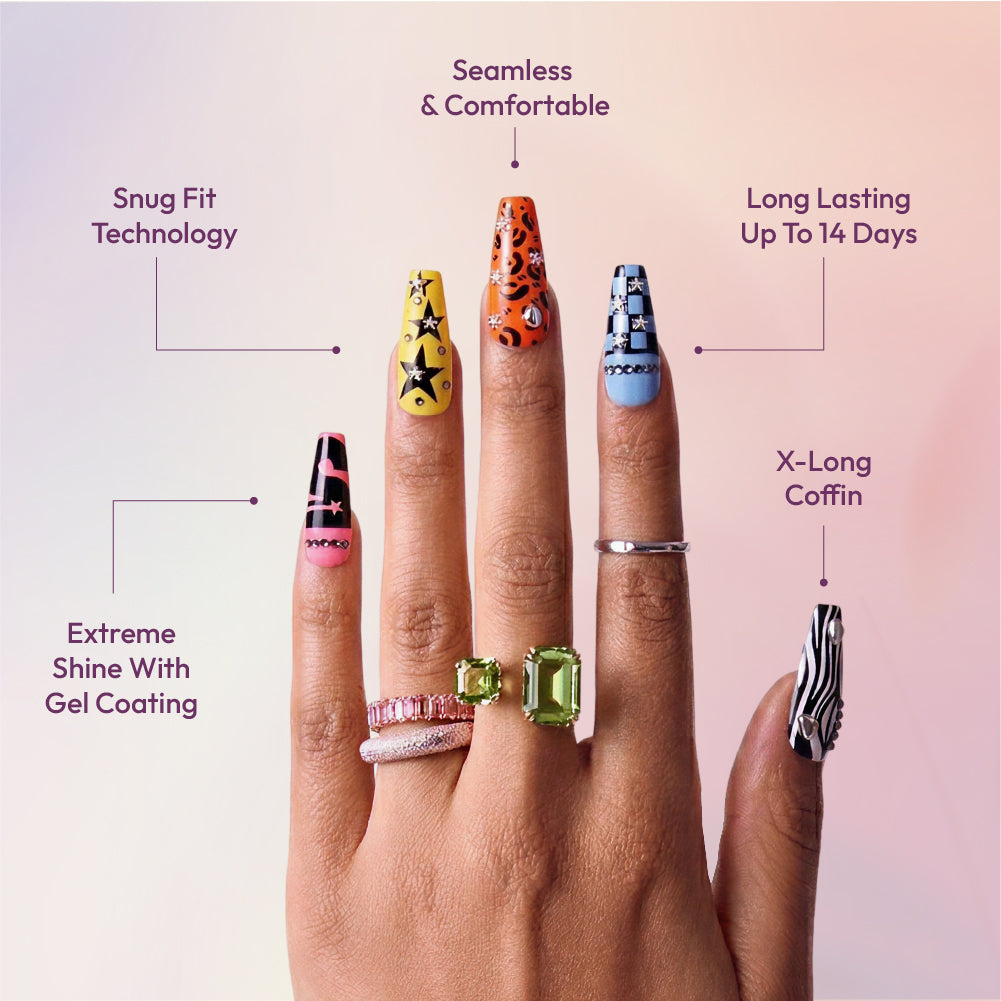 Gold Finger Glitzy 3D Press-On Nails in The Season – X-Long Coffin Fake Nails, Mix & Match Y2K Prints with Star Rhinestones, Luxury Glue On Nails, 28 Pc Kit