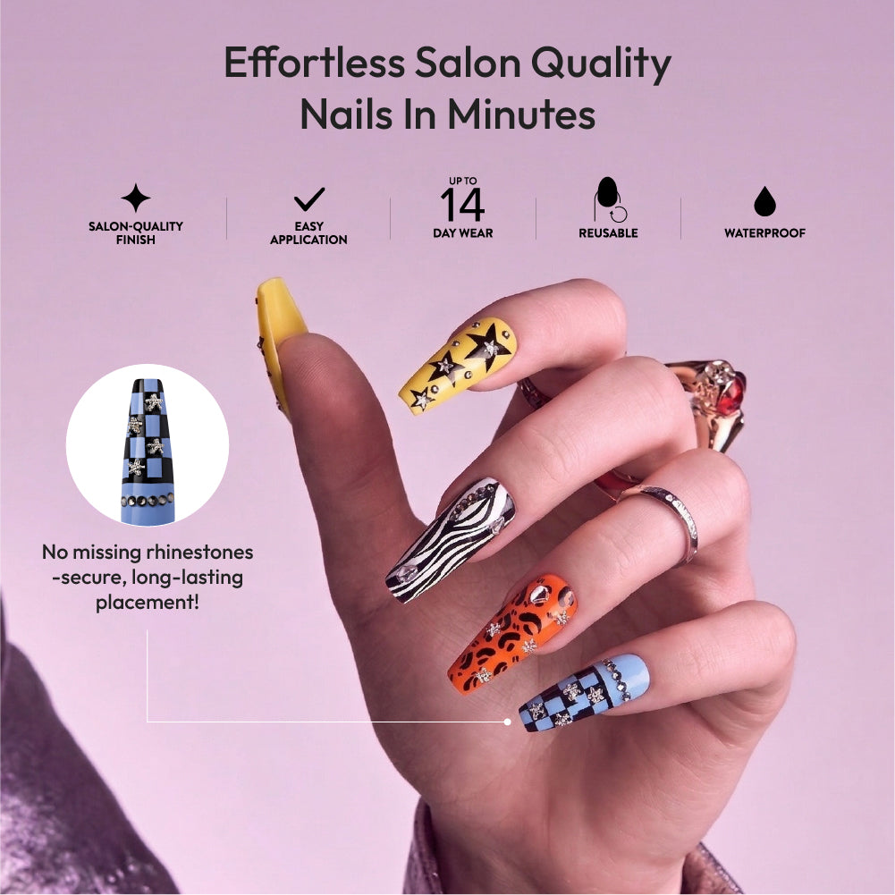 Gold Finger Glitzy 3D Press-On Nails in The Season – X-Long Coffin Fake Nails, Mix & Match Y2K Prints with Star Rhinestones, Luxury Glue On Nails, 28 Pc Kit
