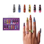 Gold Finger Glitzy 3D Press-On Nails in The Season – X-Long Coffin Fake Nails, Mix & Match Y2K Prints with Star Rhinestones, Luxury Glue On Nails, 28 Pc Kit
