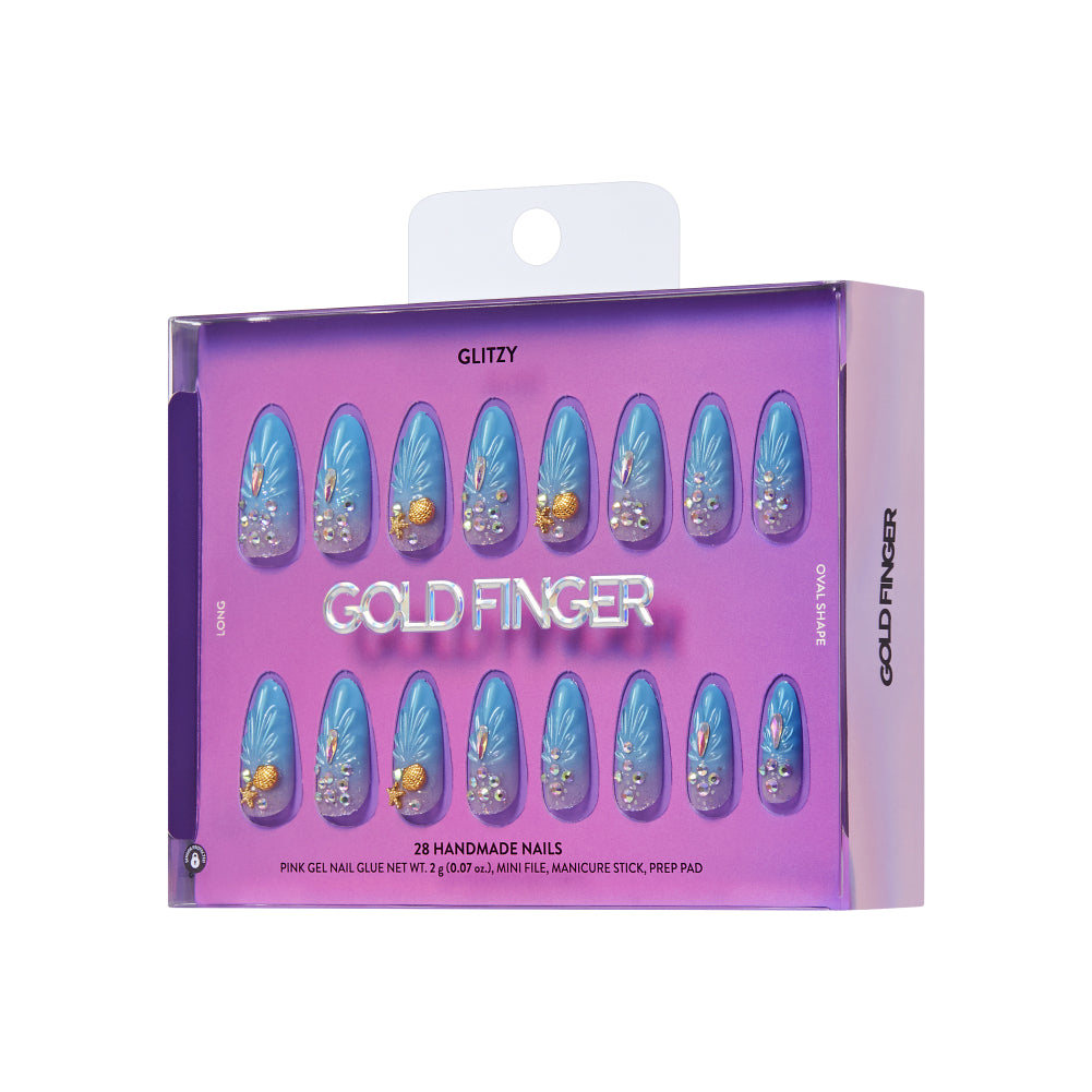 Gold Finger Glitzy 3D Press-On Nails in Rare Piece – Long Oval Fake Nails, Blue Ombre 3D Shell with Beach Charms, Luxury Glue On Nails, 28 Pc Kit