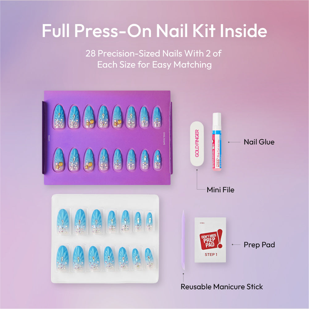 Gold Finger Glitzy 3D Press-On Nails in Rare Piece – Long Oval Fake Nails, Blue Ombre 3D Shell with Beach Charms, Luxury Glue On Nails, 28 Pc Kit