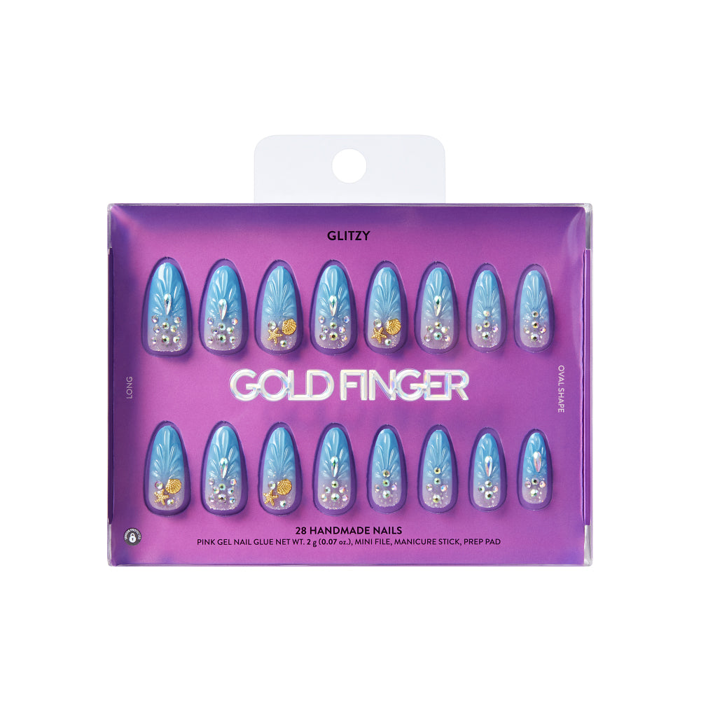 Gold Finger Glitzy 3D Press-On Nails in Rare Piece – Long Oval Fake Nails, Blue Ombre 3D Shell with Beach Charms, Luxury Glue On Nails, 28 Pc Kit