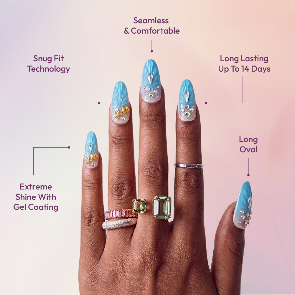 Gold Finger Glitzy 3D Press-On Nails in Rare Piece – Long Oval Fake Nails, Blue Ombre 3D Shell with Beach Charms, Luxury Glue On Nails, 28 Pc Kit
