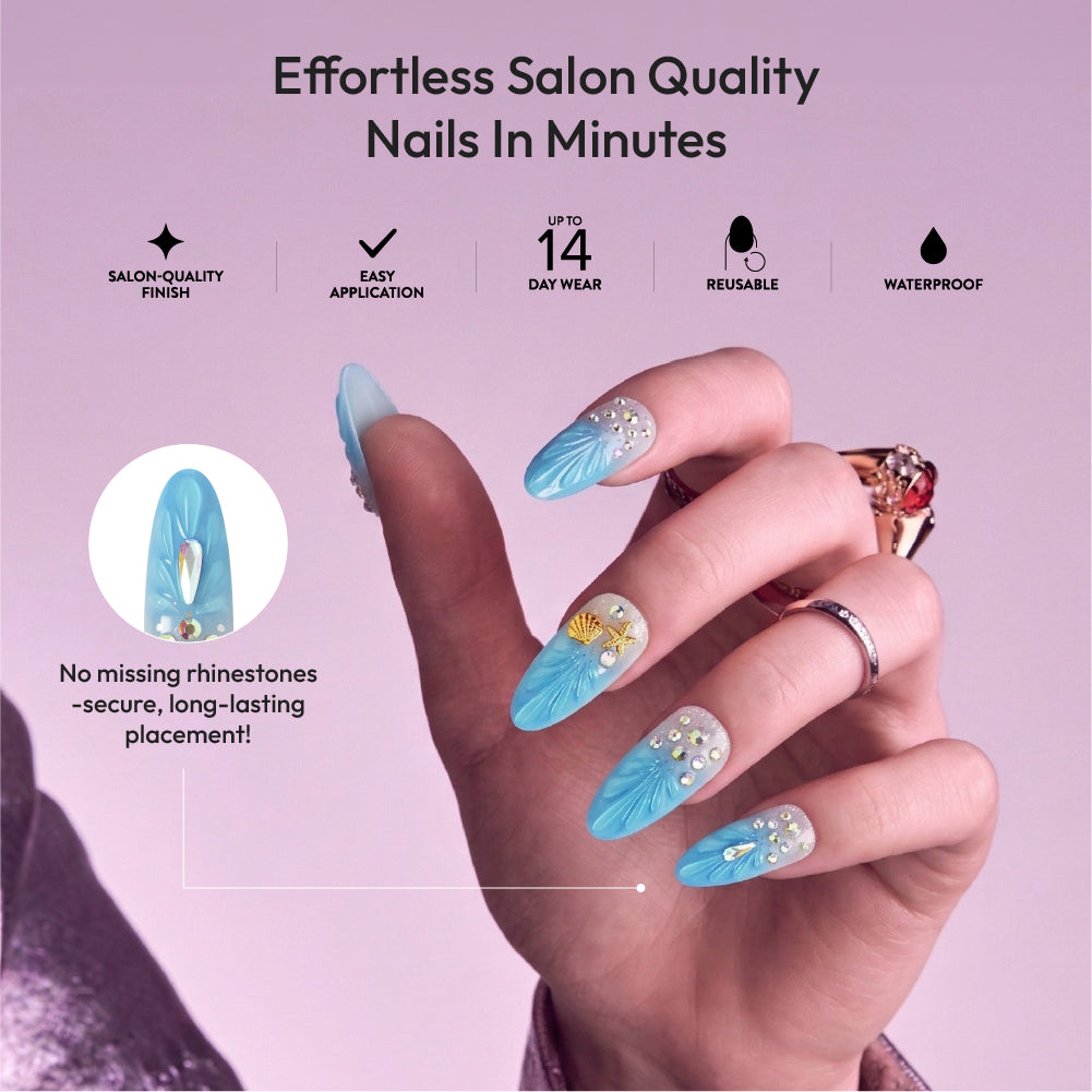 Gold Finger Glitzy 3D Press-On Nails in Rare Piece – Long Oval Fake Nails, Blue Ombre 3D Shell with Beach Charms, Luxury Glue On Nails, 28 Pc Kit