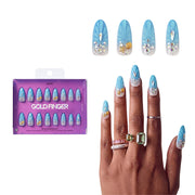 Gold Finger Glitzy 3D Press-On Nails in Rare Piece – Long Oval Fake Nails, Blue Ombre 3D Shell with Beach Charms, Luxury Glue On Nails, 28 Pc Kit