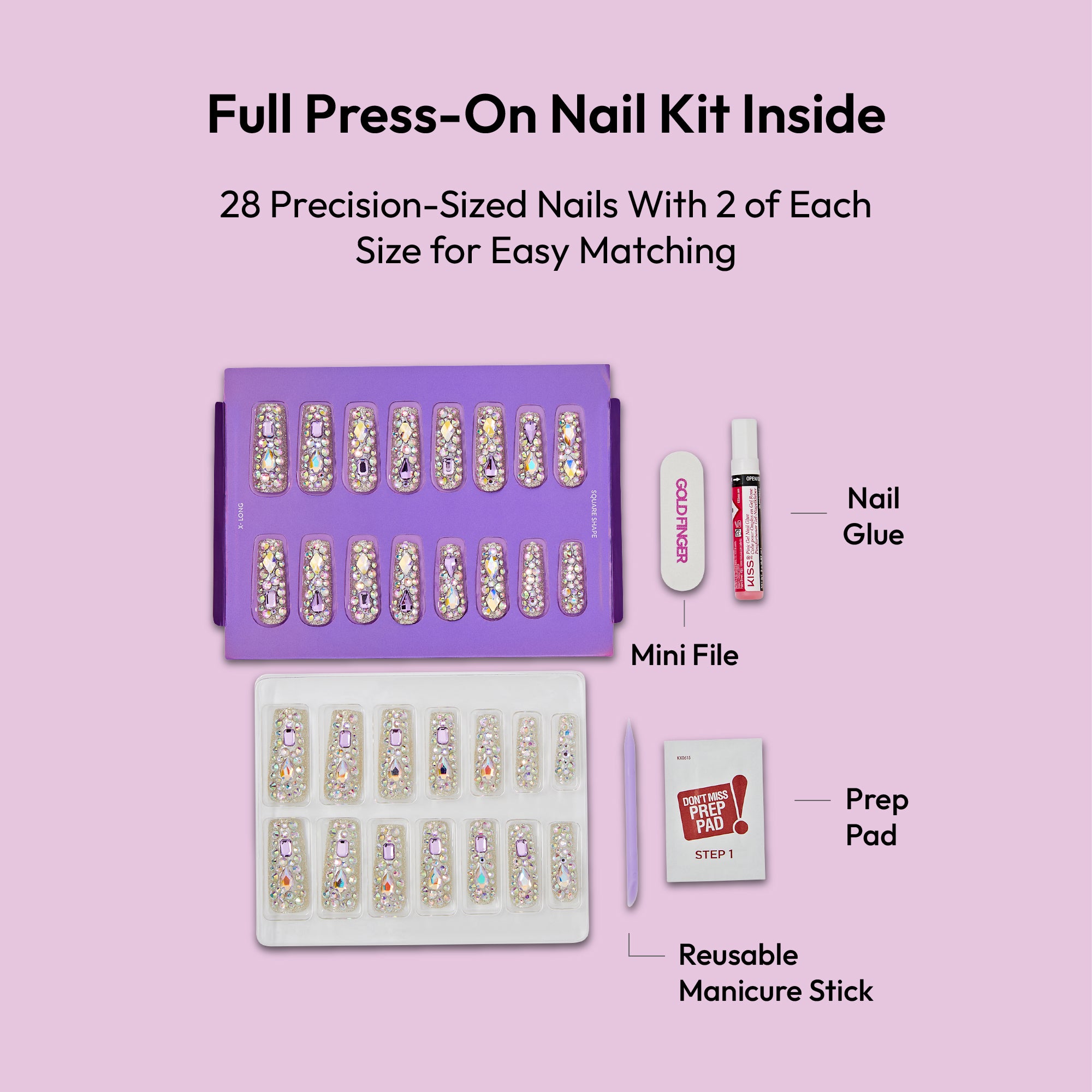 Glitzy 3D Handmade Press-On Nails – Pink & Purple Jewel Encrusted (X-Long Square)