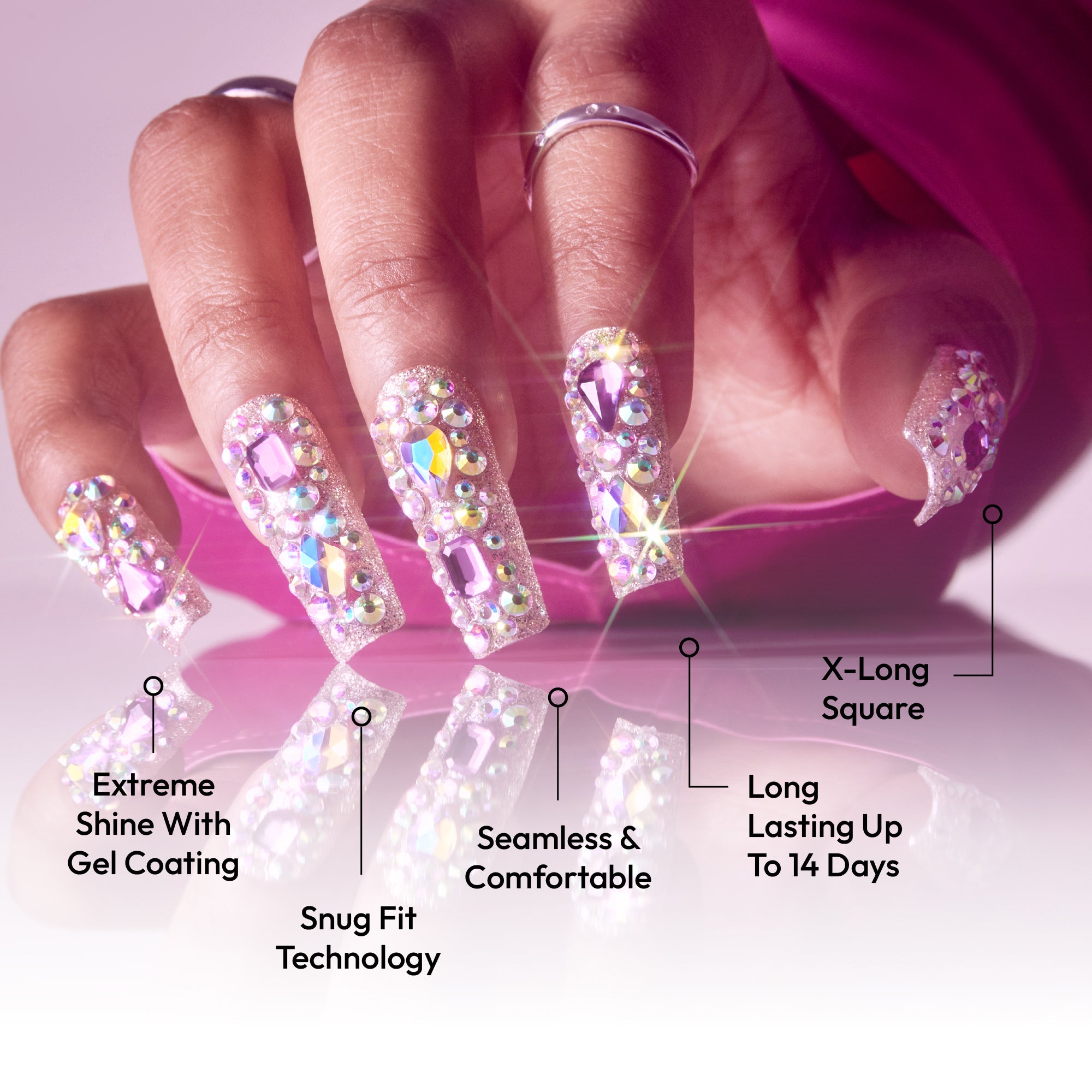 Glitzy 3D Handmade Press-On Nails – Pink & Purple Jewel Encrusted (X-Long Square)