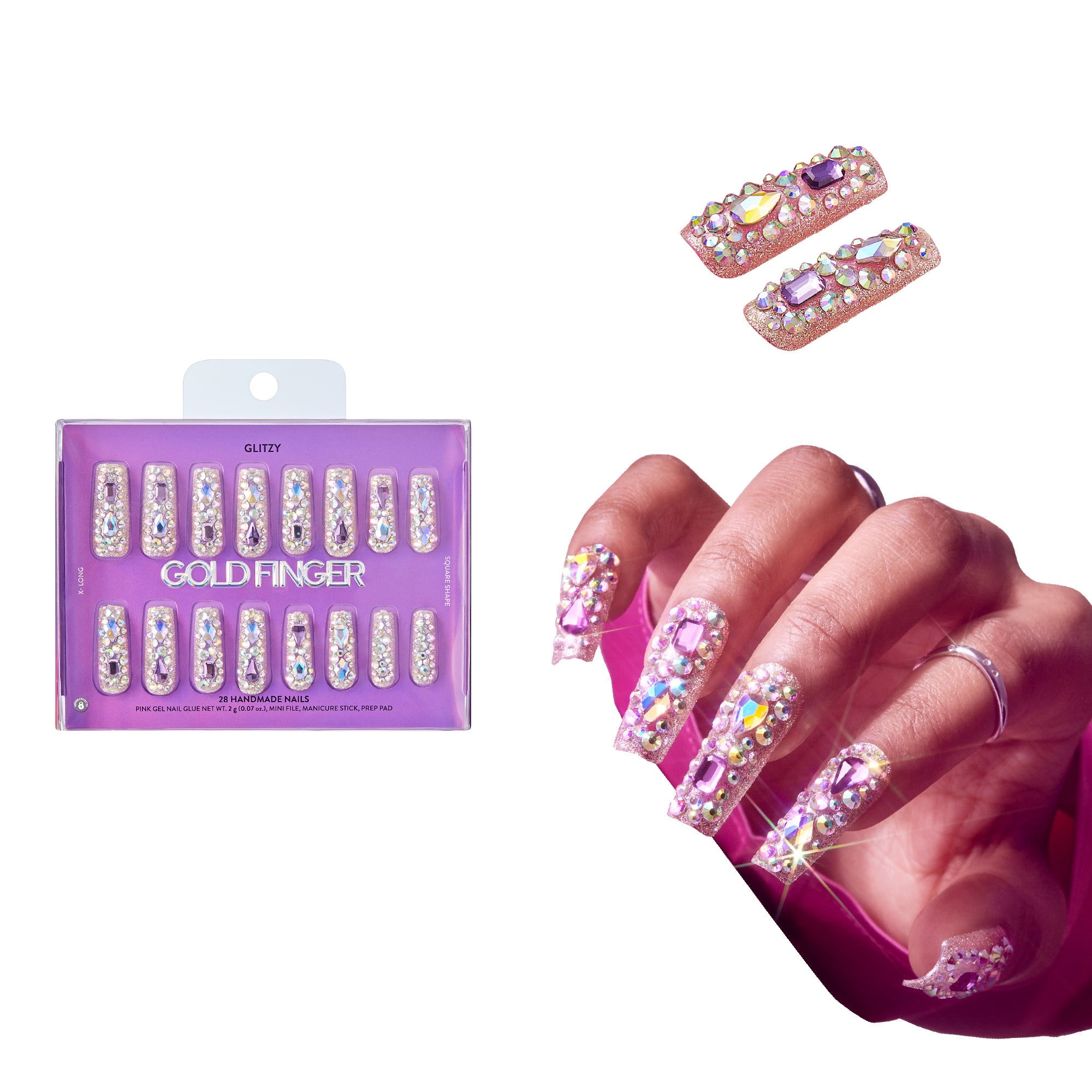 Glitzy 3D Handmade Press-On Nails – Pink & Purple Jewel Encrusted (X-Long Square)