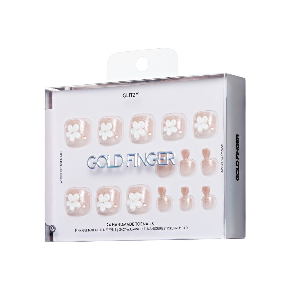 Gold Finger Glitzy 3D Press-On Toenails in Sterling – Squoval Fake Toes, Clear Glitter with 3D White Flower, Luxury Glue On Pedicure, Wider Fit 24 Pc Kit