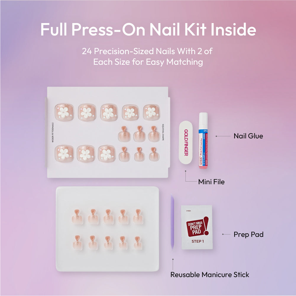 Gold Finger Glitzy 3D Press-On Toenails in Sterling – Squoval Fake Toes, Clear Glitter with 3D White Flower, Luxury Glue On Pedicure, Wider Fit 24 Pc Kit